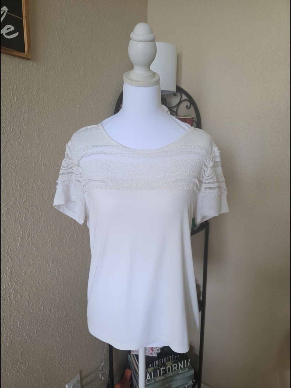 H&M Cream Short Sleeve Tee with Lace Yoke